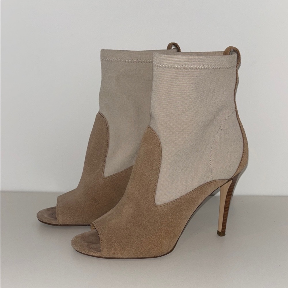 Women’s Two-Tone Beige/Tan Peep-Toe Stiletto Booties